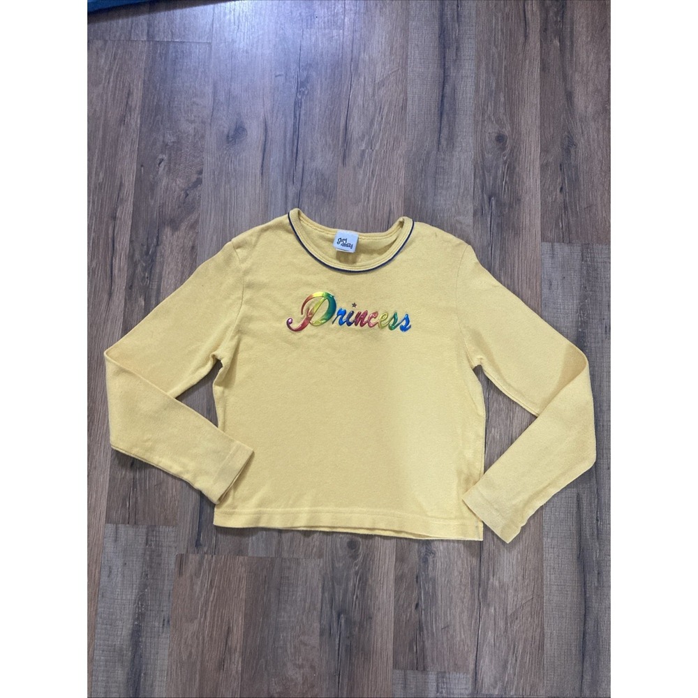 Vintage Girls Princess T-Shirt Yellow Long Sleeve Y2K Fashion 90s Rainbow Large
